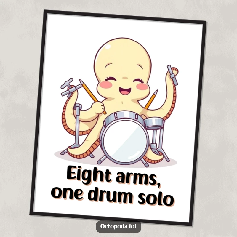 Funny Free Printable Wall Art: Giggling octopus enthusiastically bangs on a small drum set with all its tentacles, looking joyful.