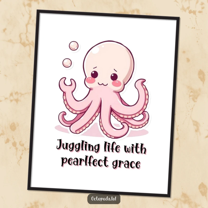 Funny Free Printable Kawaii Octopus Wall Art: A super cute octopus expertly juggling shiny pearls with its tentacles, a delightful downloadable art piece.