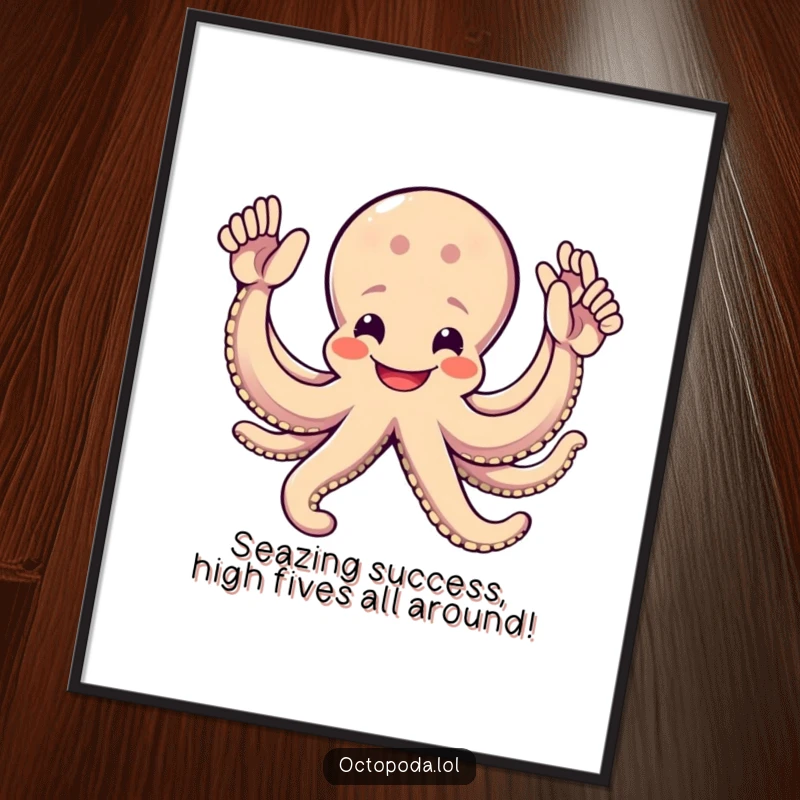 Funny Free Printable Octopus High Five Wall Art: A grinning octopus enthusiastically giving eight high fives, perfect for a playful, downloadable art piece.