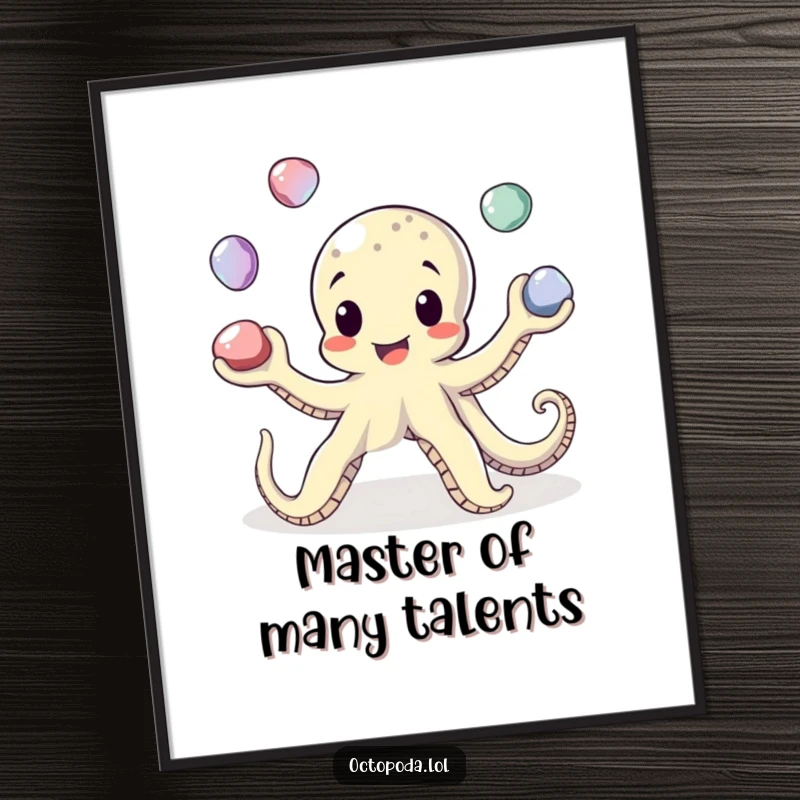 Funny Free Printable Octopus Wall Art: Playful octopus character juggling four shiny pebbles with concentration and a hint of mischief.