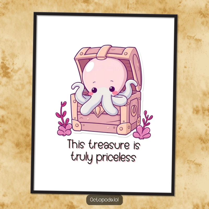 Funny Free Printable Octopus Treasure Wall Art: A chubby octopus peeking from a bubbly treasure chest, a whimsical and downloadable art piece.