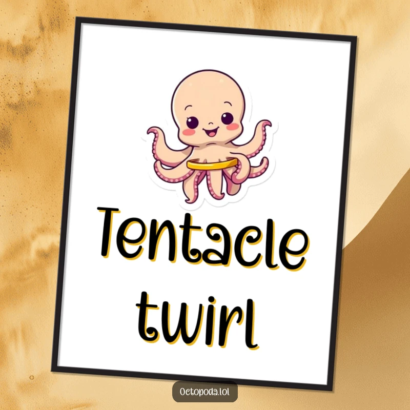 Funny free printable wall art of a wiggling octopus character joyfully spinning a tiny hula hoop.