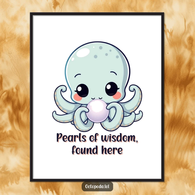 Funny Free Printable Wall Art: A kawaii octopus with wide, curious eyes intensely inspecting a large, shimmering pearl.