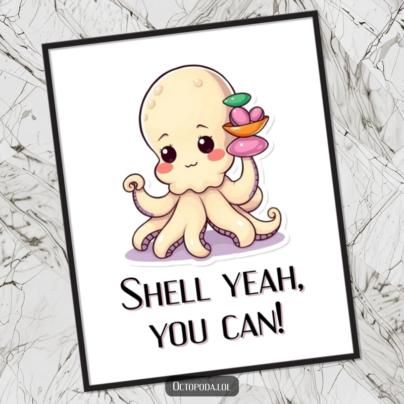 Funny Free Printable Wall Art: A determined little octopus focused on stacking colorful shiny shells with a single tentacle.