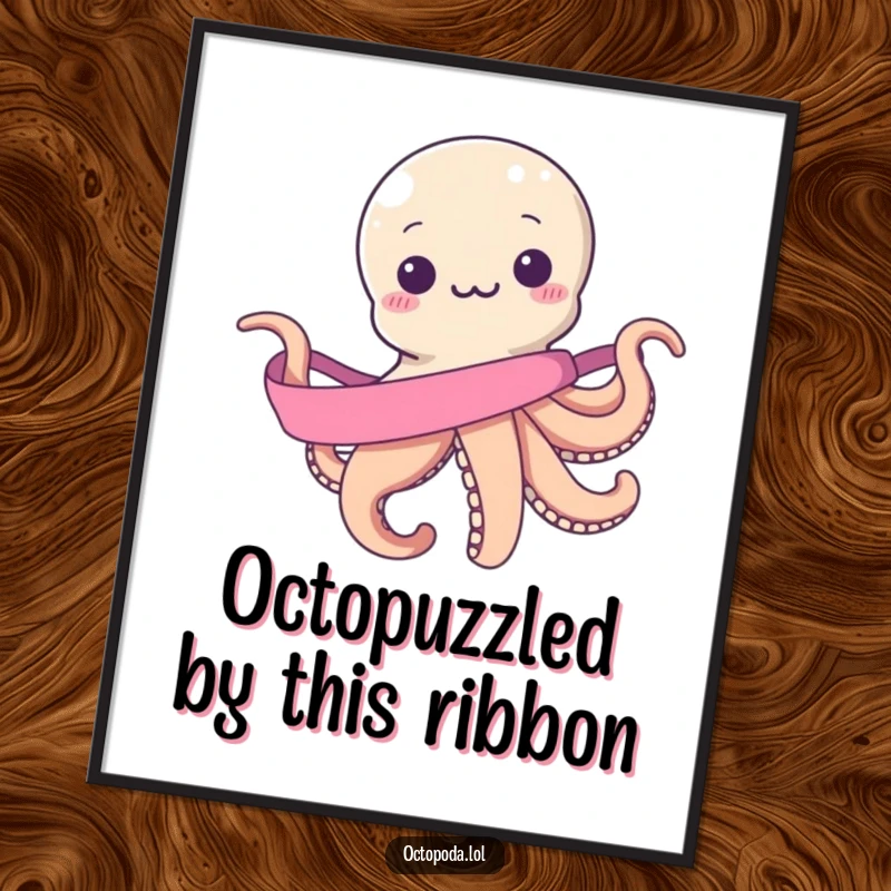 Funny Free Printable Wall Art: A smiling octopus hilariously attempting to wrap itself in an endless ribbon.