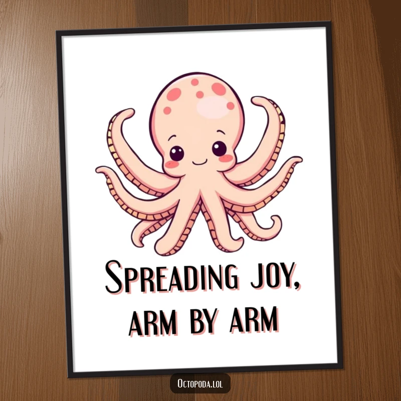 Funny Free Printable Wall Art of an octopus character joyfully unfurling all its arms, adding a playful vibe to any room.