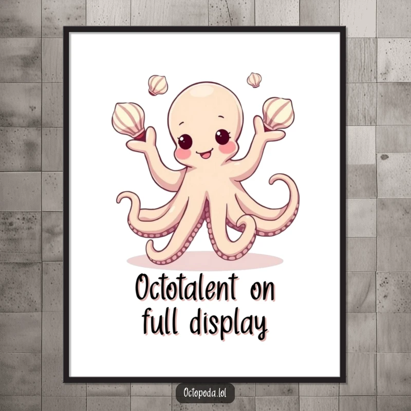 Funny Free Printable Wall Art: A kawaii octopus showcasing graceful dance moves while skillfully juggling multiple sea shells.