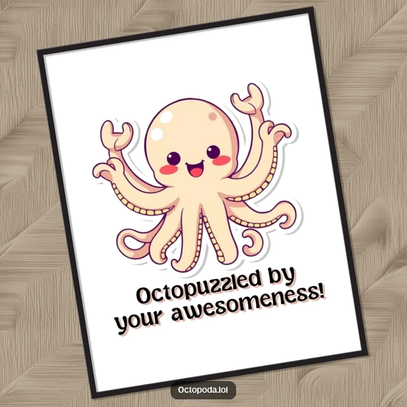 Funny Free Printable wall art showcasing a delightful kawaii octopus with all eight arms waving energetically, expressing boundless excitement and joy.