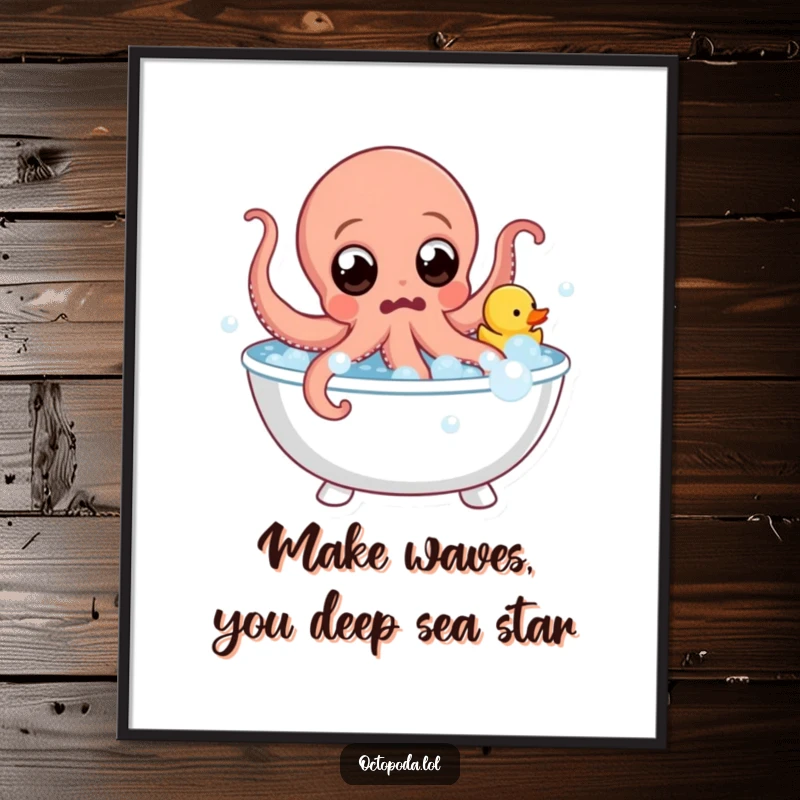 Funny Free Printable Wall Art: A surprised octopus with wide eyes leaps joyfully from a bubbly bath with a rubber duck.