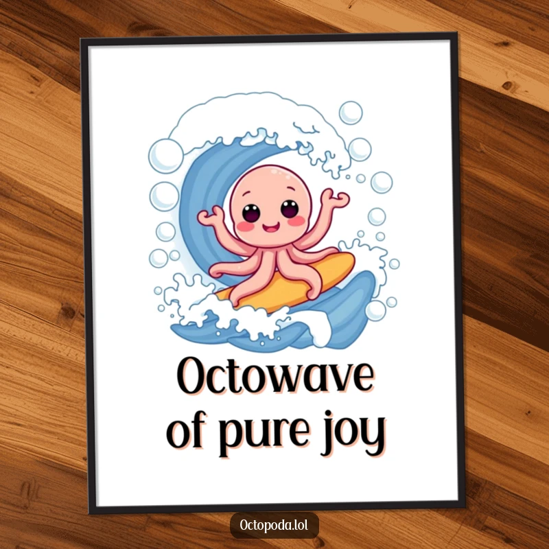 Funny Free Printable Wall Art: A cheerful octopus balancing on a surfboard atop a massive, effervescent bubble wave.