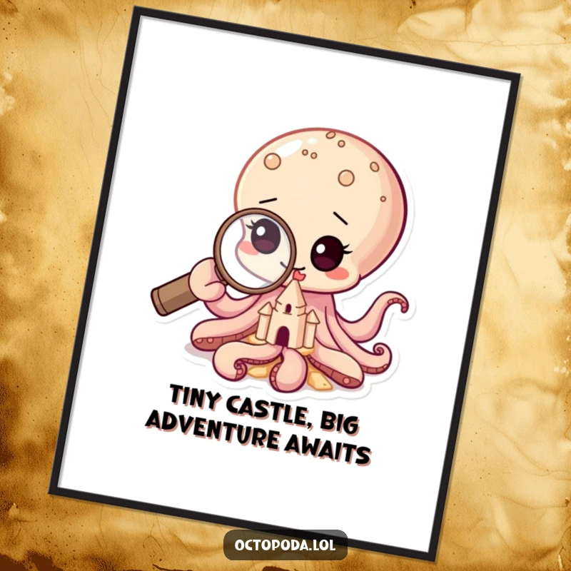 Funny Free Printable Wall Art: Curious baby octopus character peering through a magnifying glass at a tiny sandcastle, charming digital art.