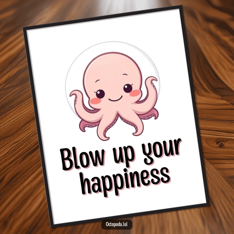 Funny Free Printable Wall Art: A shy octopus peeks out from behind a large, smiling, translucent bubble, exuding gentle humor.
