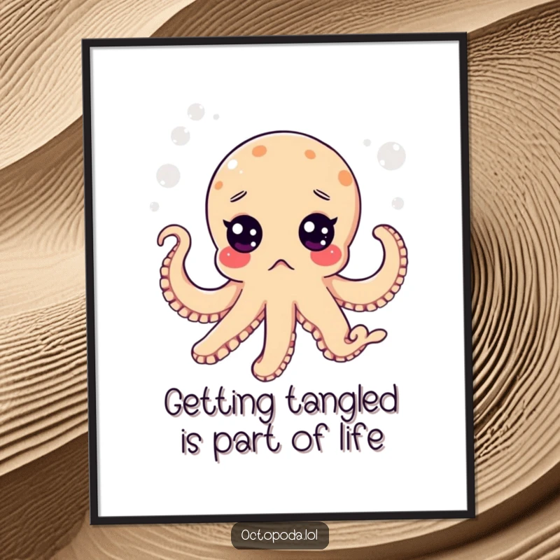 Funny Free Printable Wall Art of a surprised octopus with wide eyes floating in a bubbly sea, ideal for quirky home decoration.