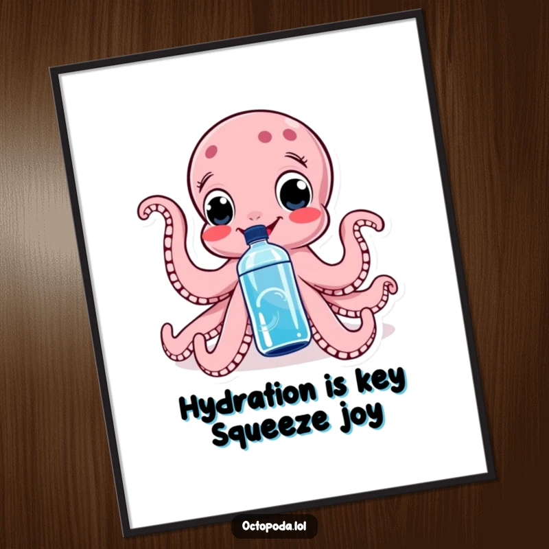 Funny Free Printable Wall Art: A smiling octopus with wide eyes playfully squeezes a water bottle, creating a lively art piece.