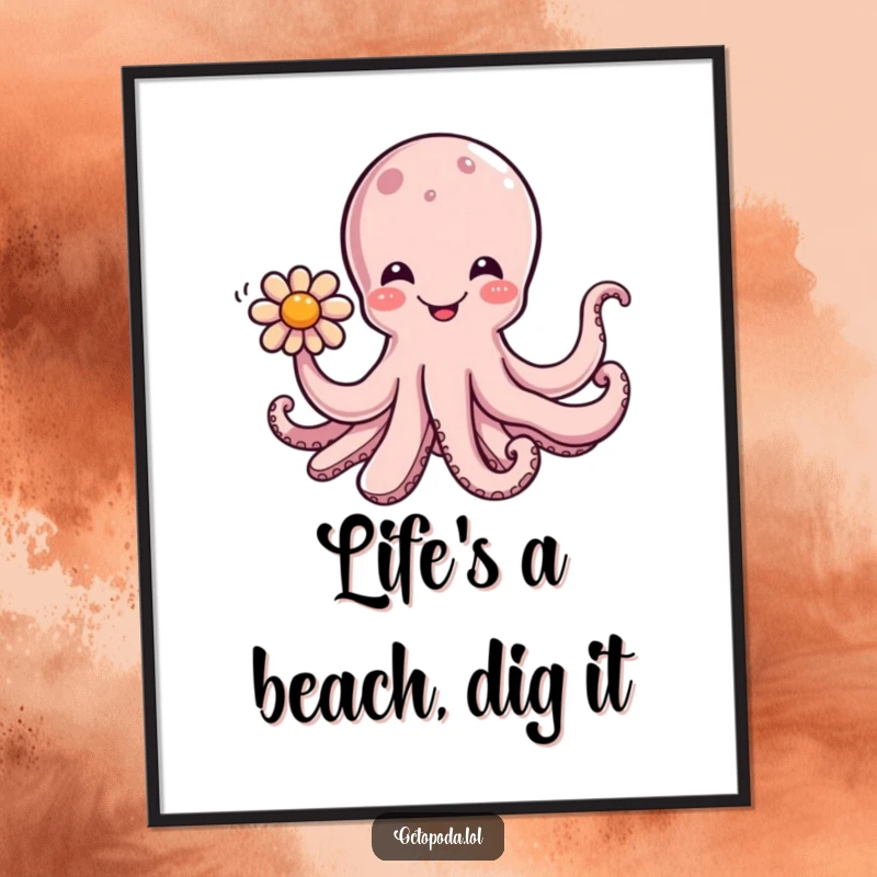 Funny Free Printable Wall Art: A joyful octopus extends a tentacle holding a beautiful flower, ready to brighten any room.