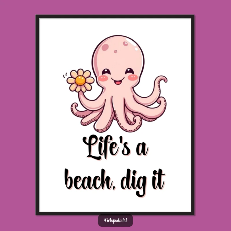 Funny Free Printable Wall Art: Happy Octopus Offering Flower - Cute Downloadable Decor