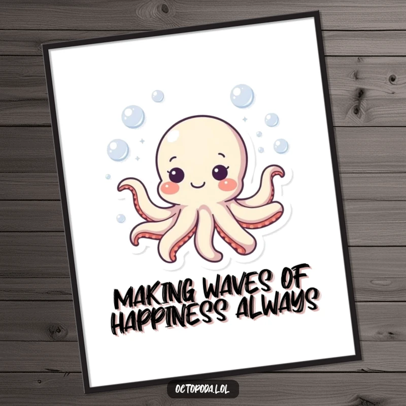 Funny Free Printable Wall Art: A small, happy octopus character joyfully swimming in a bubbly circle, bringing underwater cheer.