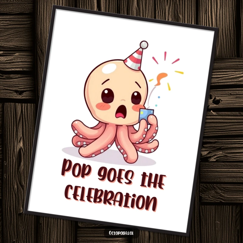 Funny Free Printable Baby Octopus Wall Art: Surprised baby octopus startled by a popping party popper. Quirky art.