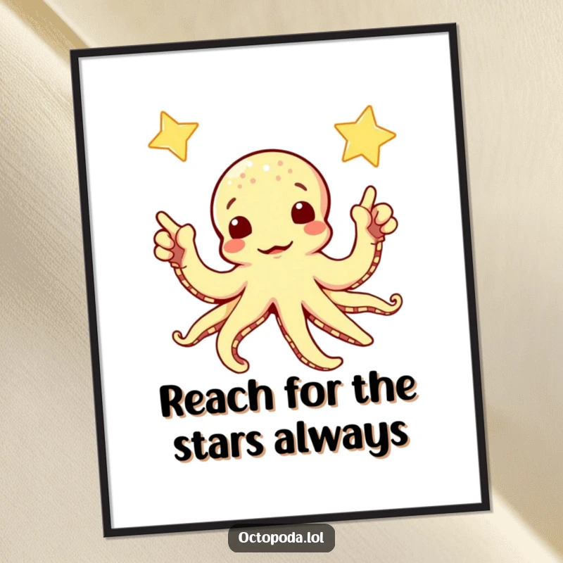 Funny Free Printable Wall Art: A curious octopus with multiple arms points towards a bright, twinkling star, evoking wonder and aspiration.