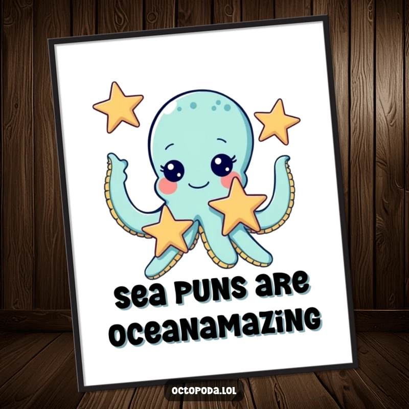 Funny free printable wall art: A cute octopus with eyes full of mirth juggles three starfish, creating a whimsical scene.
