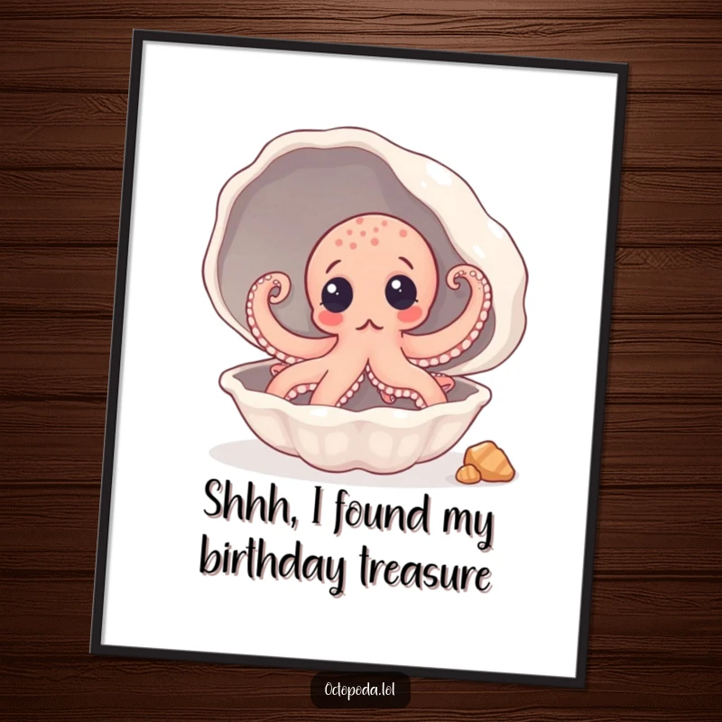 Funny Free Printable Wall Art: A surprised octopus peeking from a giant seashell, bringing a comical and charming ocean vibe.