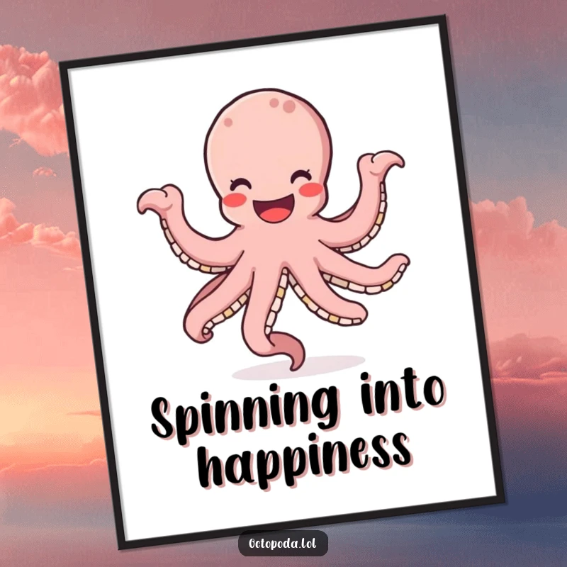 Funny free printable wall art: A smiling octopus with a huge grin joyfully dances, its arms creating a dynamic circular motion.
