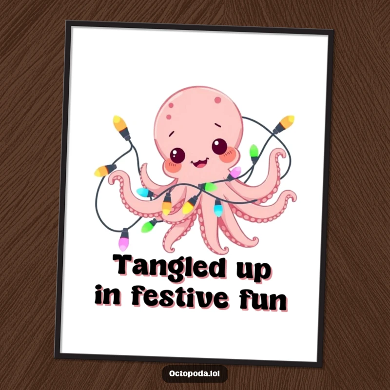 Funny Free Printable wall art of a cheerful octopus comically tangled in a messy string of bright, colorful lights, adding playful decor.