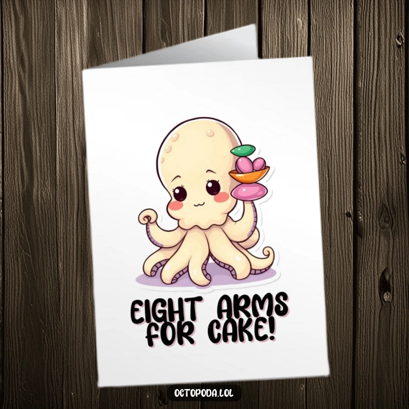 Funny Free Printable Birthday Card: A determined little octopus carefully stacking colorful shiny shells with a tentacle.