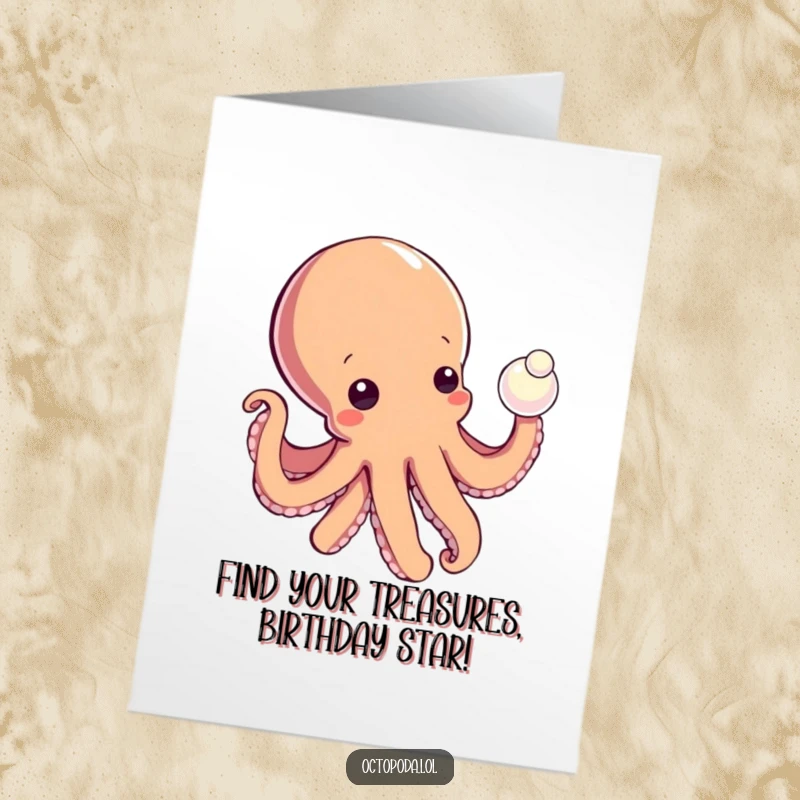 Funny Free Printable Birthday Card: A curious octopus tentatively taps a shiny pearl with a tentacle, wishing a delightful birthday.