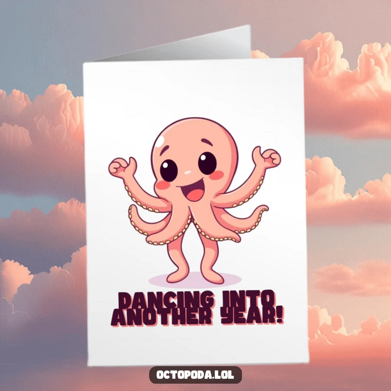 Funny Free Printable Birthday Card: An excited octopus character enthusiastically doing a happy dance, full of birthday cheer.