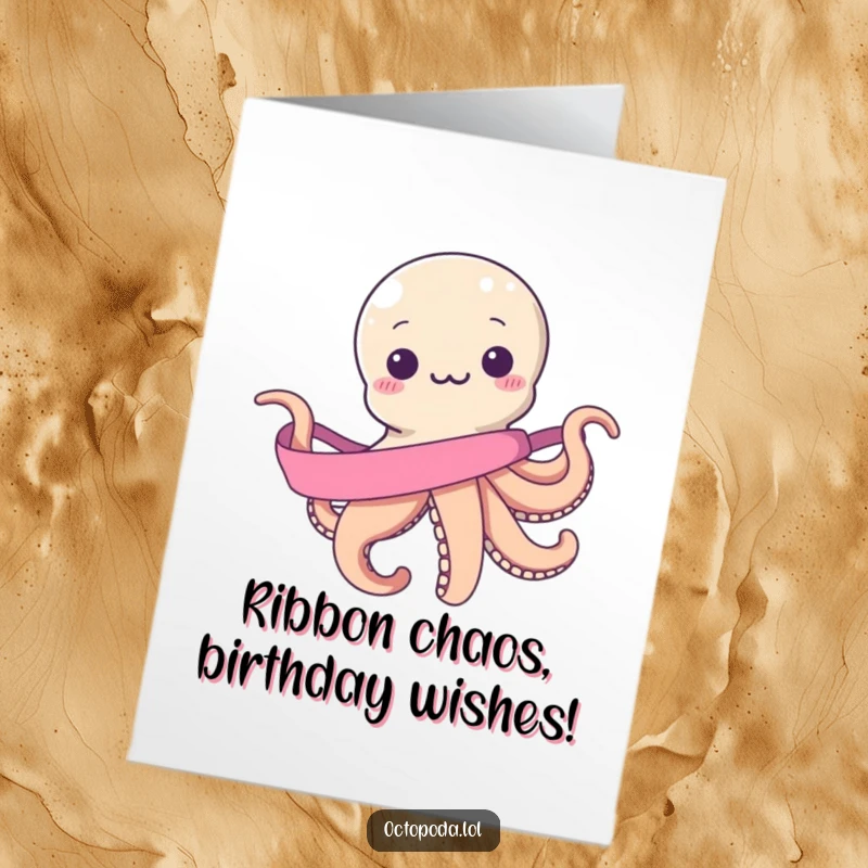 Funny Free Printable Birthday Card: An octopus joyfully wrestling with an impossibly long ribbon.