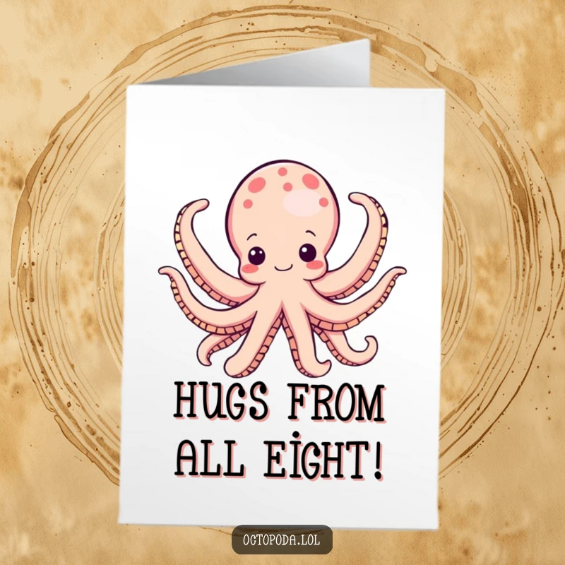 Funny Free Printable Birthday Card showing an octopus character joyfully unfurling all eight arms, ready for a big hug.