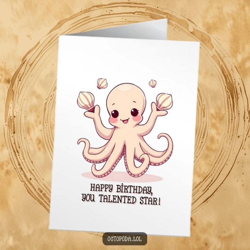Funny Free Printable Birthday Card: Adorable kawaii octopus masterfully juggling sea shells while dancing joyfully.