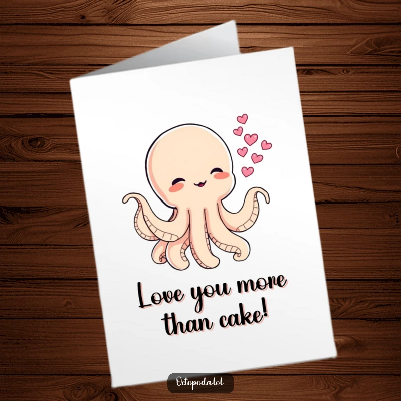 Funny Free Printable Birthday Card: Mischievous baby octopus character playfully blowing tiny ink clouds shaped like hearts, sending birthday wishes.