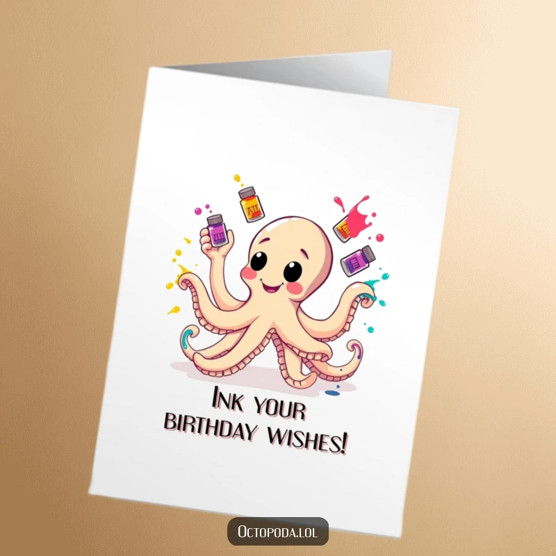 Funny Free Printable Birthday Card: Cheerful octopus juggles colorful ink bottles, creating a playful splatter.