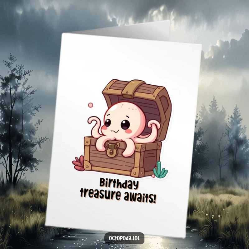 Funny free printable birthday card of a curious octopus peeking out from a treasure chest, seeking birthday joy.