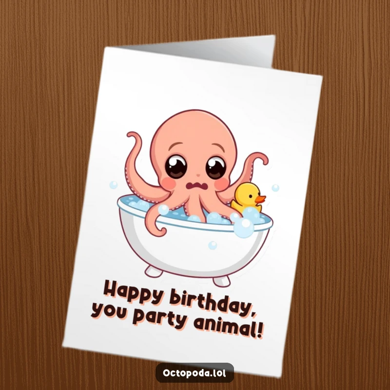 Funny Free Printable Birthday Card: Surprised octopus with wide eyes leaps from a bubble bath holding a rubber ducky.