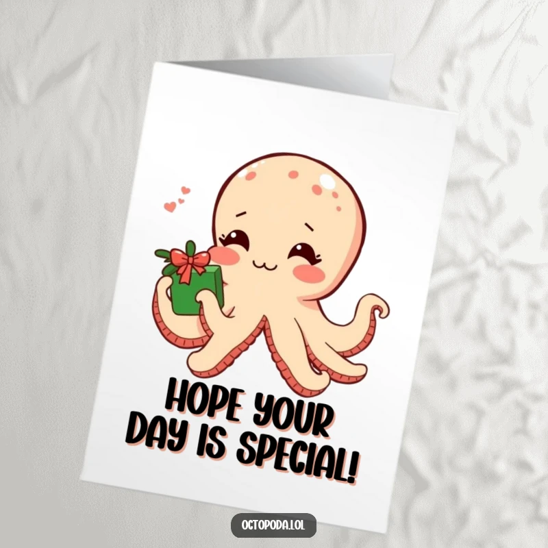 Funny Free Printable Birthday Card: A shy octopus blushes while offering a small gift wrapped in seaweed, a sweet gesture.