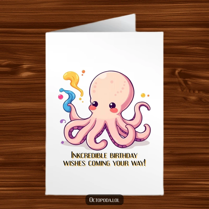 Funny Free Printable Birthday Card: Kawaii octopus joyfully squirting vibrant ink, creating a colorful swirling celebration.