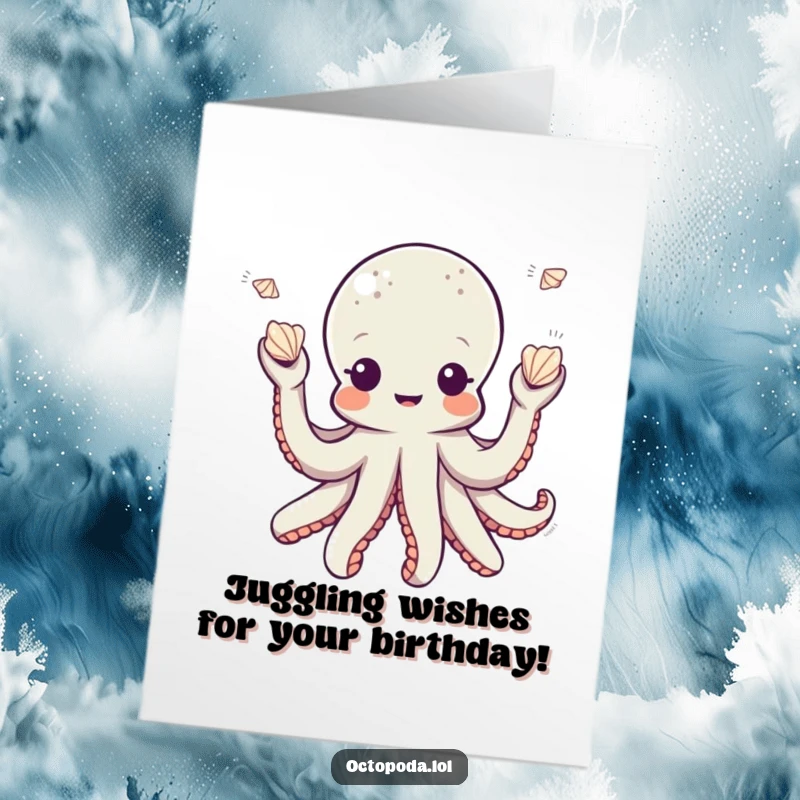 Funny Free Printable Birthday Card: A playful octopus character skillfully juggling small seashells, adding a touch of wonder.