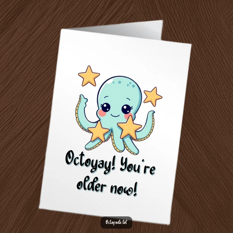 Funny free printable birthday card: A cute octopus with giggling eyes masterfully juggles three starfish, spreading birthday cheer.