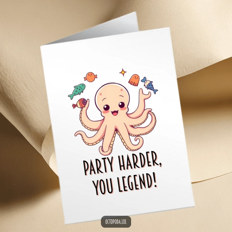 Funny free printable birthday card: An octopus with many arms expertly juggling fish, crabs, and starfish with a grin.