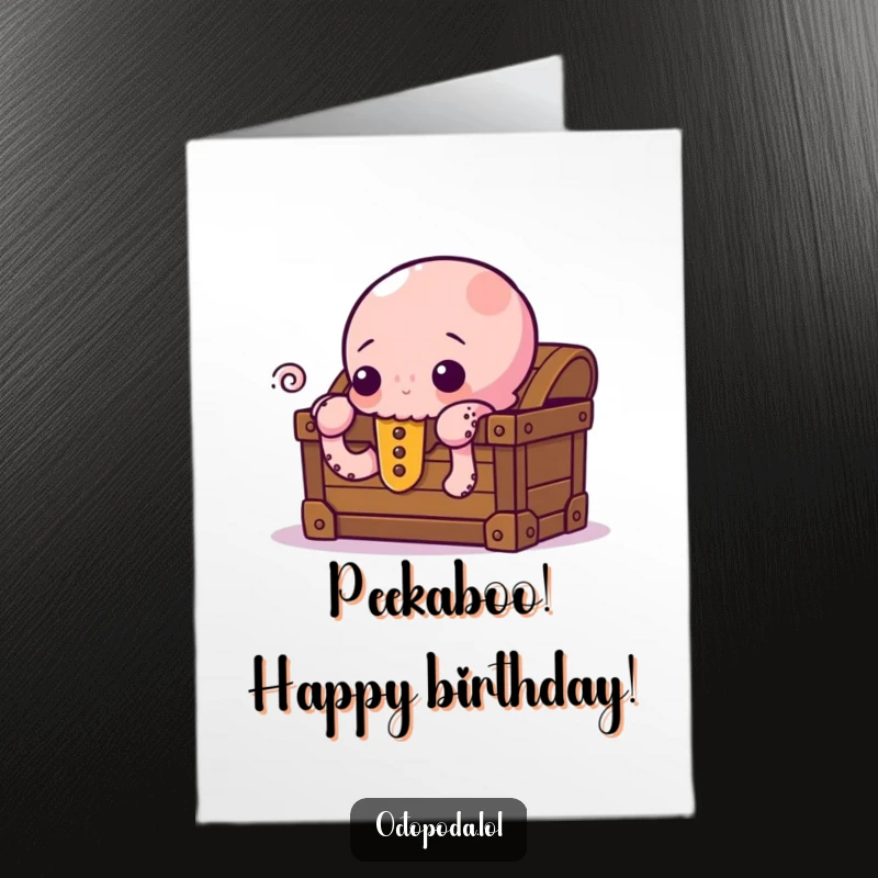 Funny Free Printable Birthday Card: A curious octopus peeking from behind a treasure chest overflowing with goodies, symbolizing birthday surprises, printable.