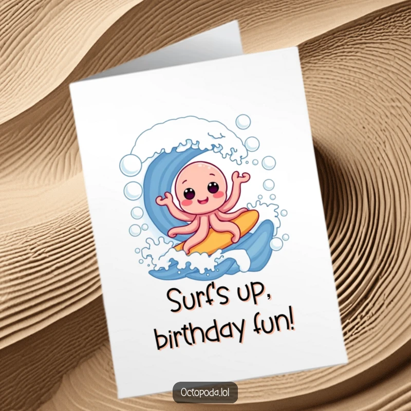 Funny Free Printable Birthday Card: A cheerful octopus character expertly surfing on a giant wave of iridescent bubbles.