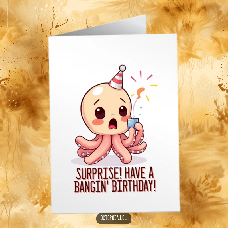 Funny Free Printable Baby Octopus Birthday Card: Surprised octopus reacts to a popping party popper. Hilarious.