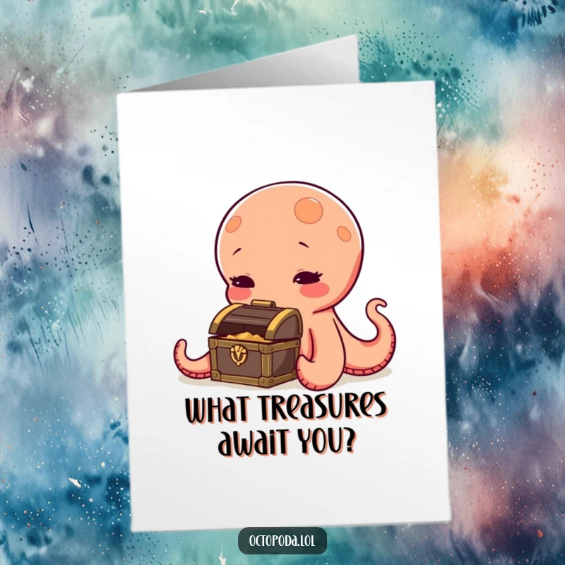 Funny Free Printable Birthday Card featuring a curious octopus sniffing a tiny treasure chest, a delightful downloadable gift.