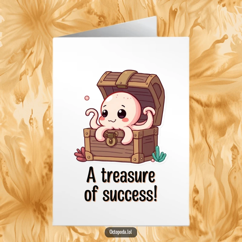 Funny free printable congratulations card showing a curious octopus peeking through a treasure chest at their success.