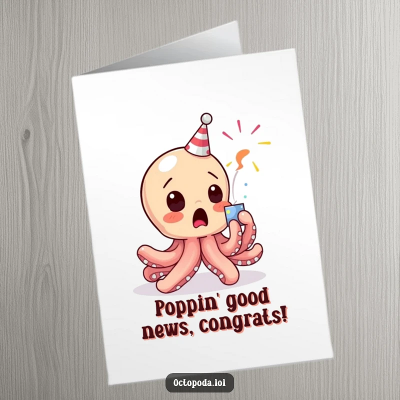 Funny Free Printable Baby Octopus Congratulations Card: Baby octopus startled by a party popper. Downloadable art.