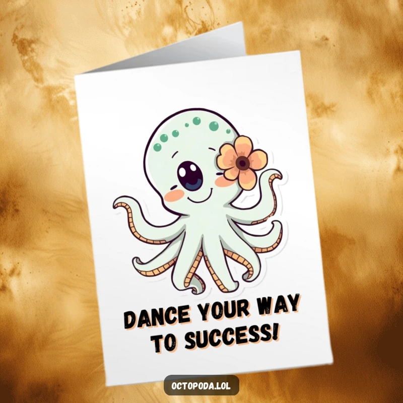 Funny Free Printable Congrats Card: Happy, dancing octopus character with flower behind eye, swirling joyfully to celebrate success, print today.
