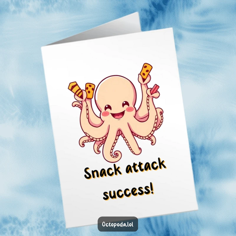 Funny Free Printable Congratulations Card: A grinning octopus with multiple arms greedily snatches up various tasty snacks with pure delight.